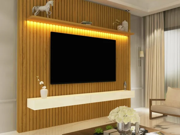 Rack Com Painel Home Suspenso Tv Led Ripado 2.2 Off White Cor Naturale Com Off White