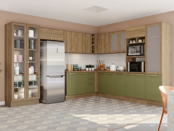 Cozinha Completa de Canto com Cristaleira 19 portas 5 Gavetas  Botanic Kappesberg - Nogueira Verde Oliva